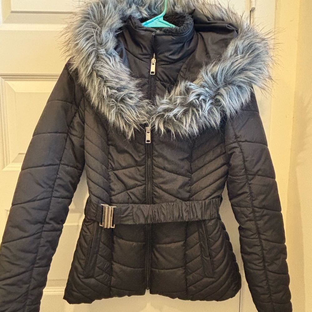 Maralyn & Me Black and Gray Puffer Jacket with Faux Fur Trim